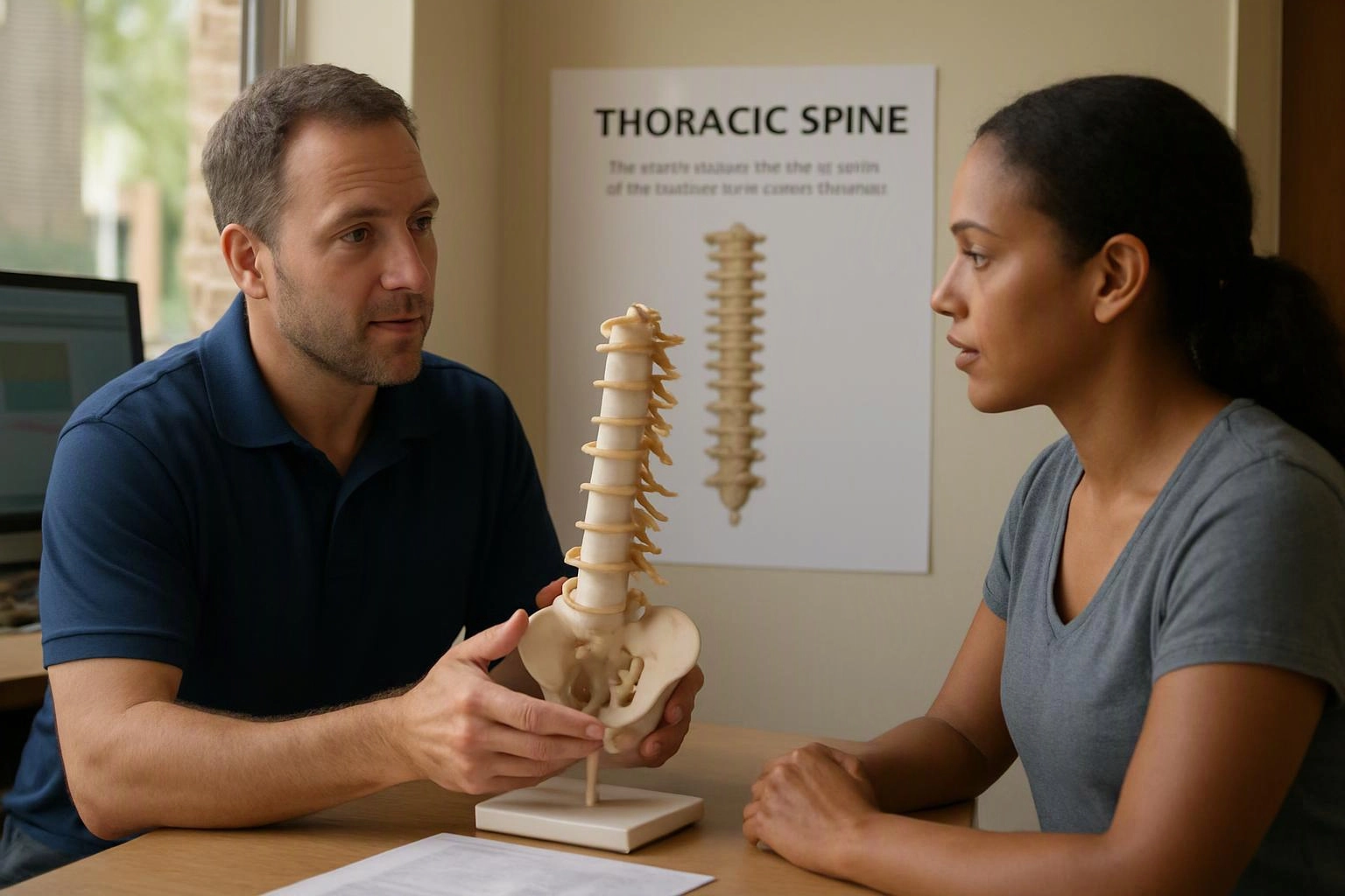 A man shows a woman a spine model at a table, with a thoracic spine poster behind them