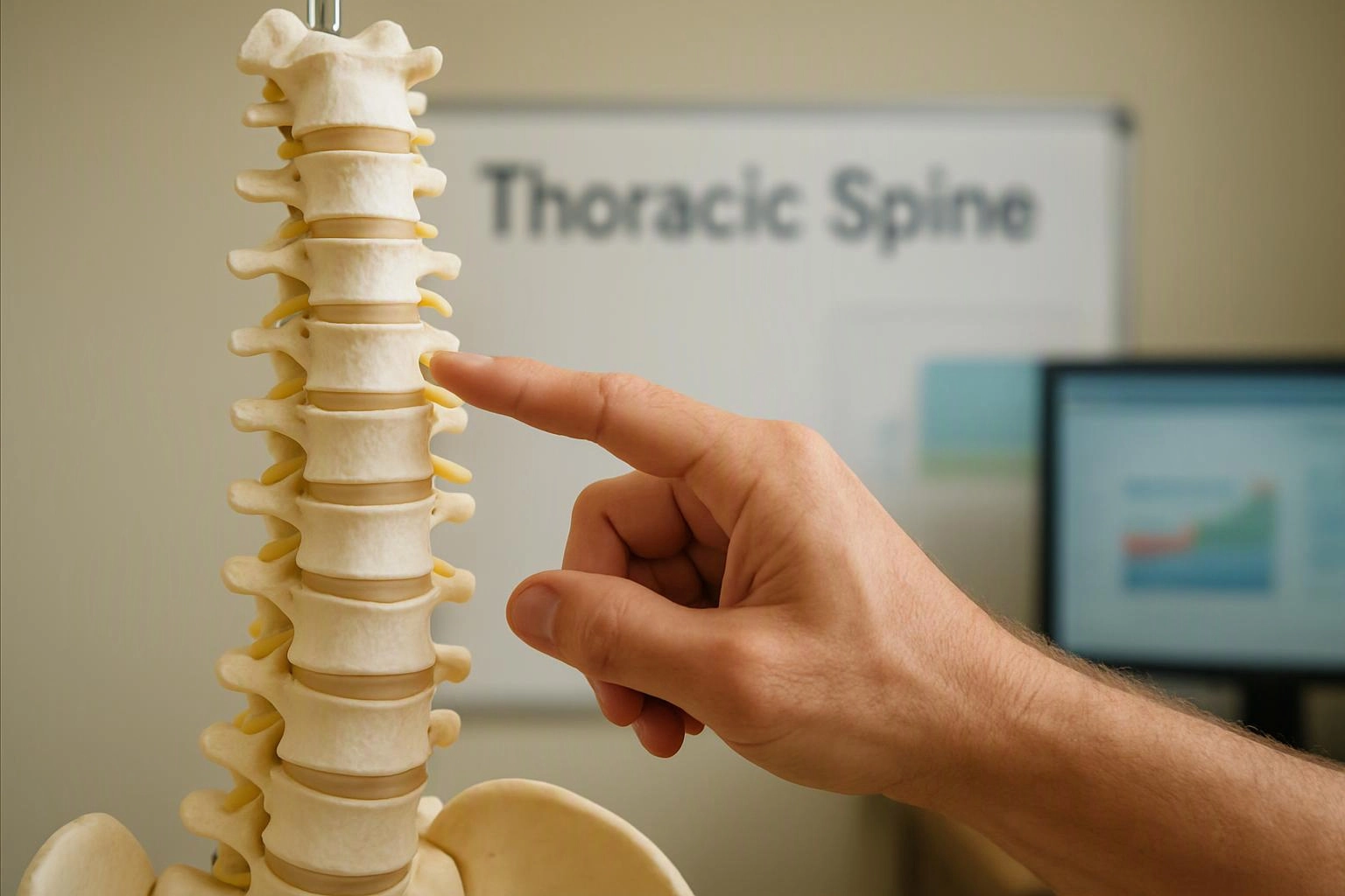 A hand points at a spine model, with a blurred sign reading "Thoracic Spine" behind it