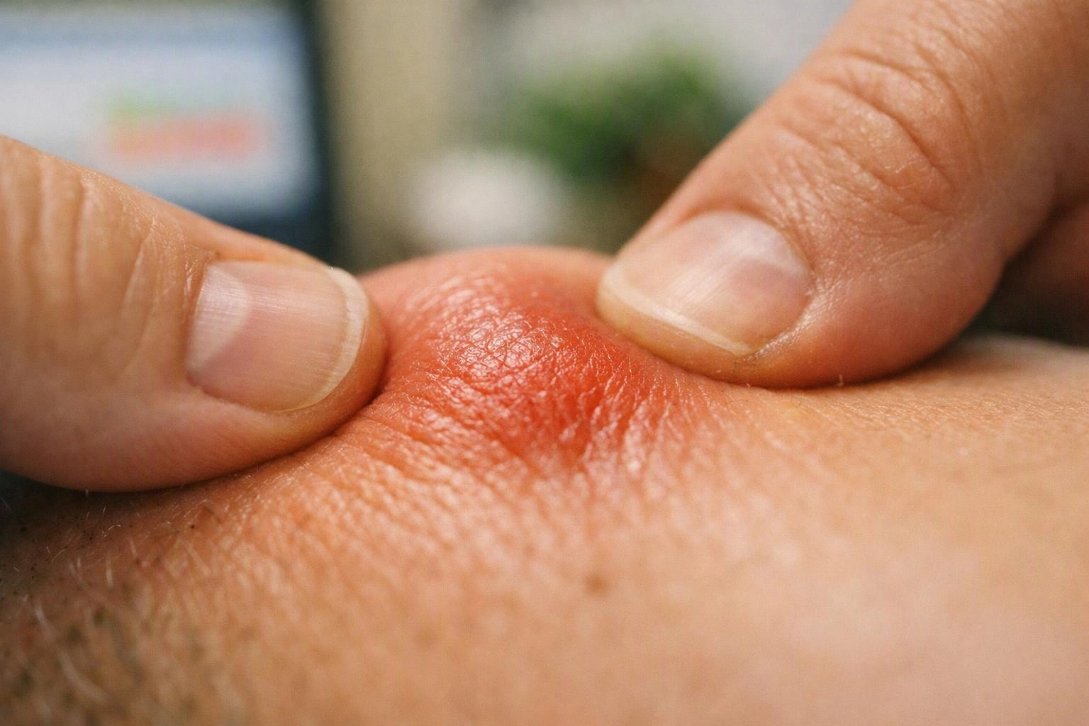 Close-up of two fingers pressing a red, swollen skin bump on a person’s body
