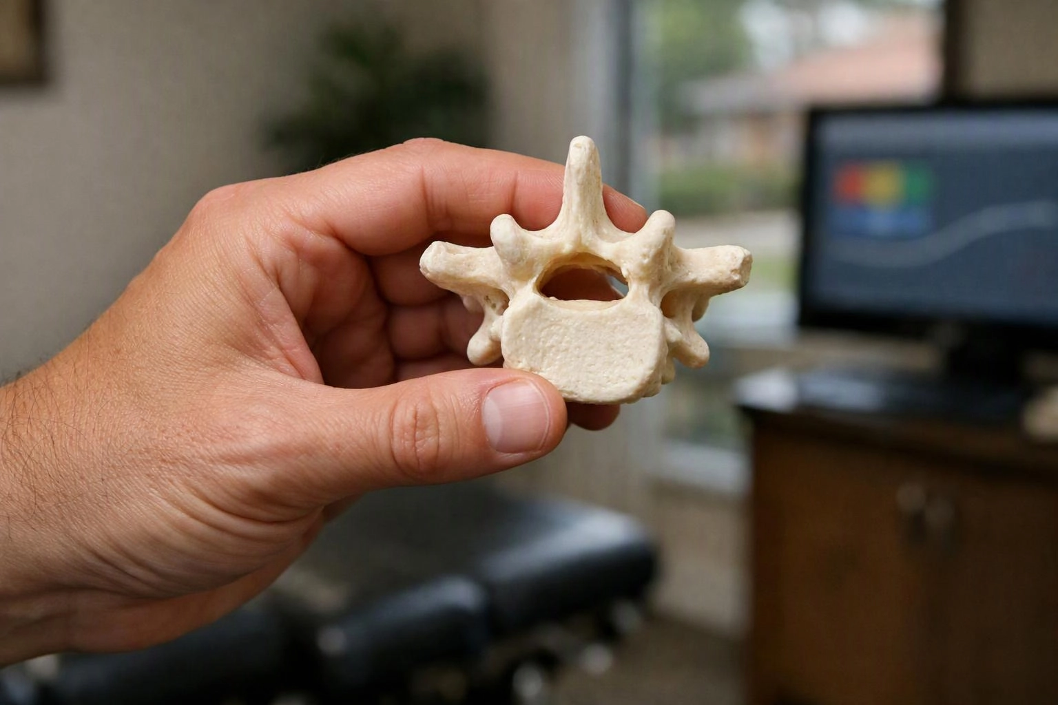 A hand holds a small vertebra bone in a room with a blurred monitor and window in back