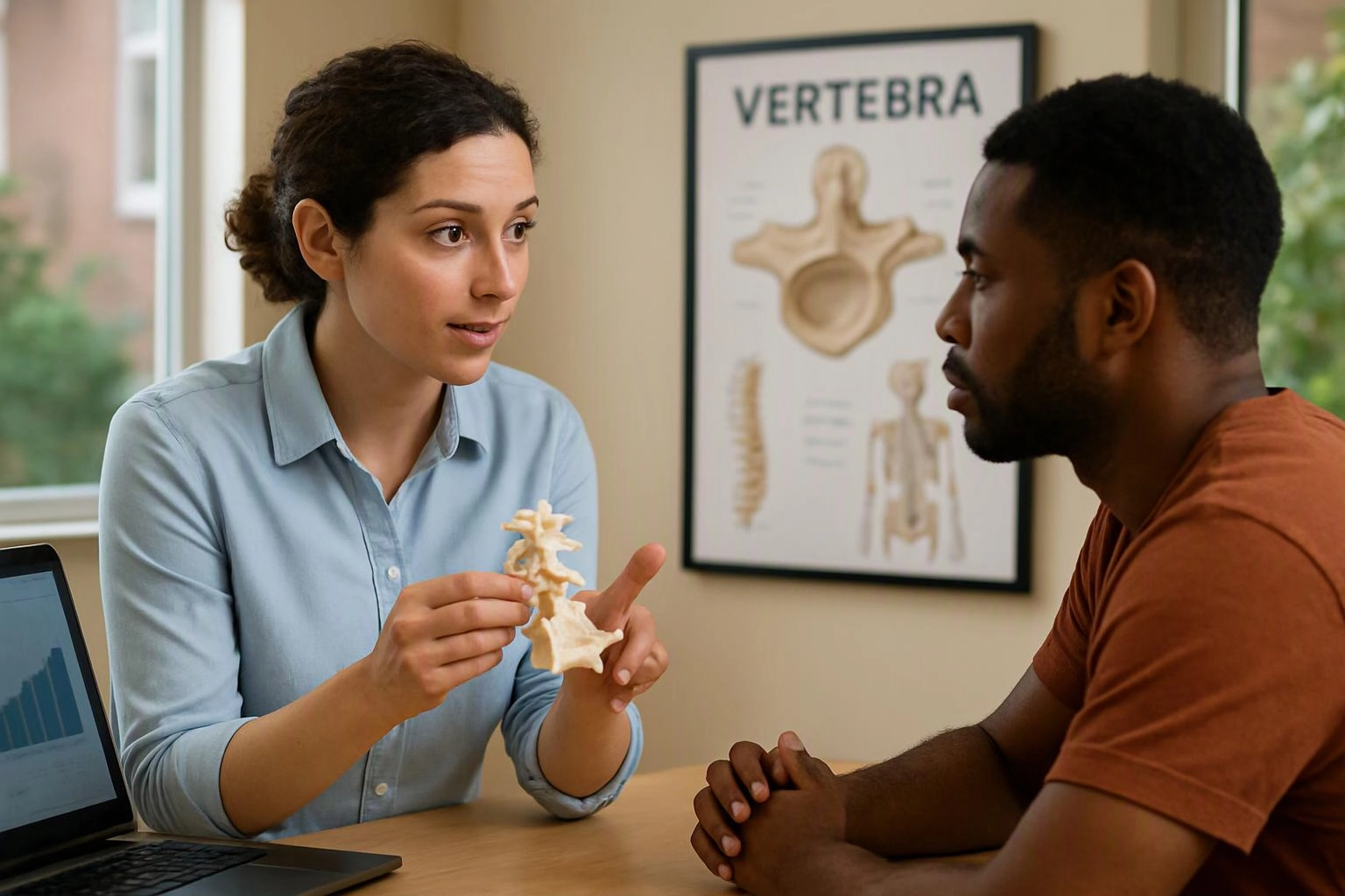 A woman shows a spine model to a seated man in a clinic office, with an anatomy poster behind them