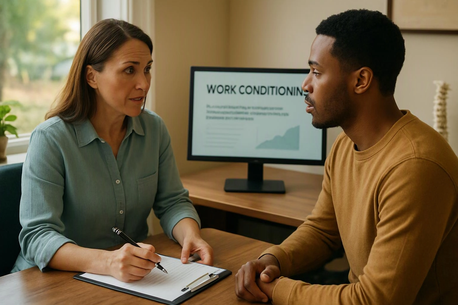 A woman writes on a clipboard while talking to a man at a desk with a monitor behind them