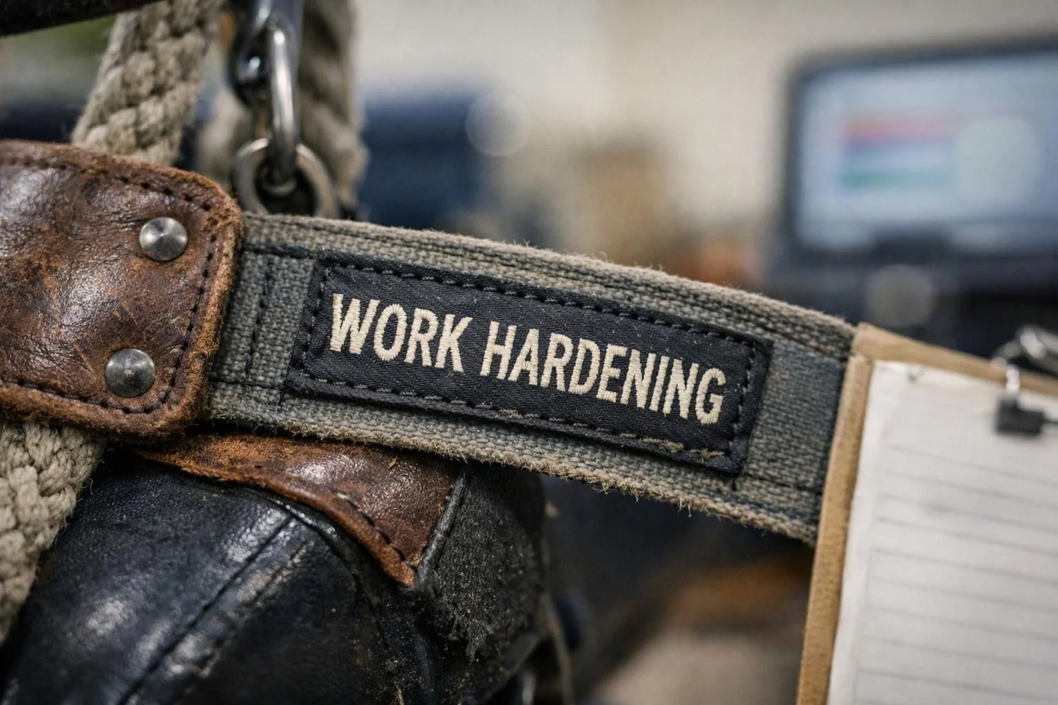 A close-up shows a worn fabric strap with the words "WORK HARDENING" beside leather and metal hardware