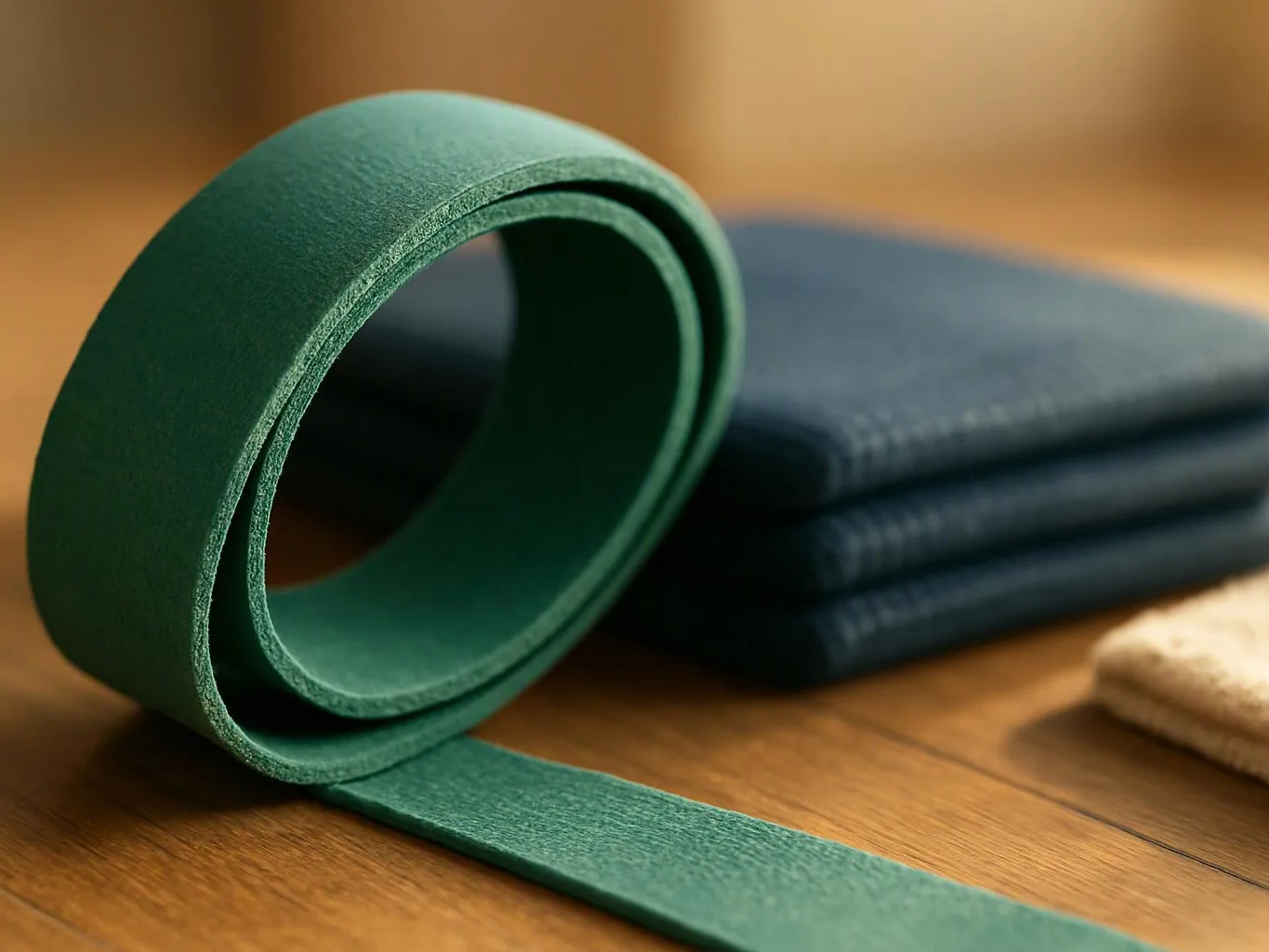 A green yoga mat rolls across a wooden floor beside folded dark mats and a beige towel