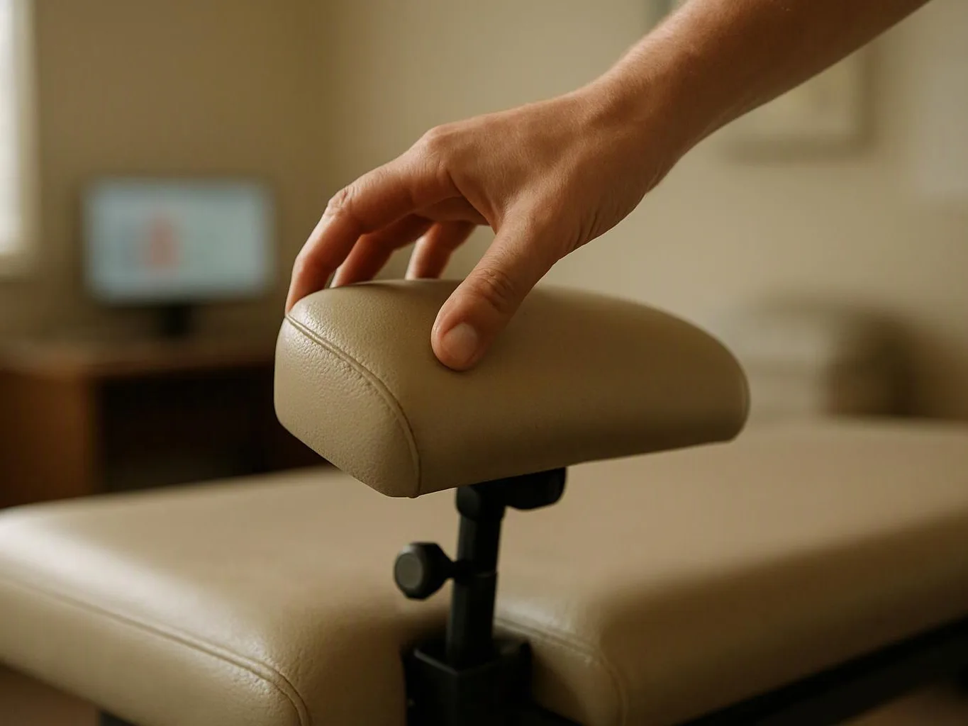 A hand adjusts a beige padded headrest on a massage table in a softly lit room
