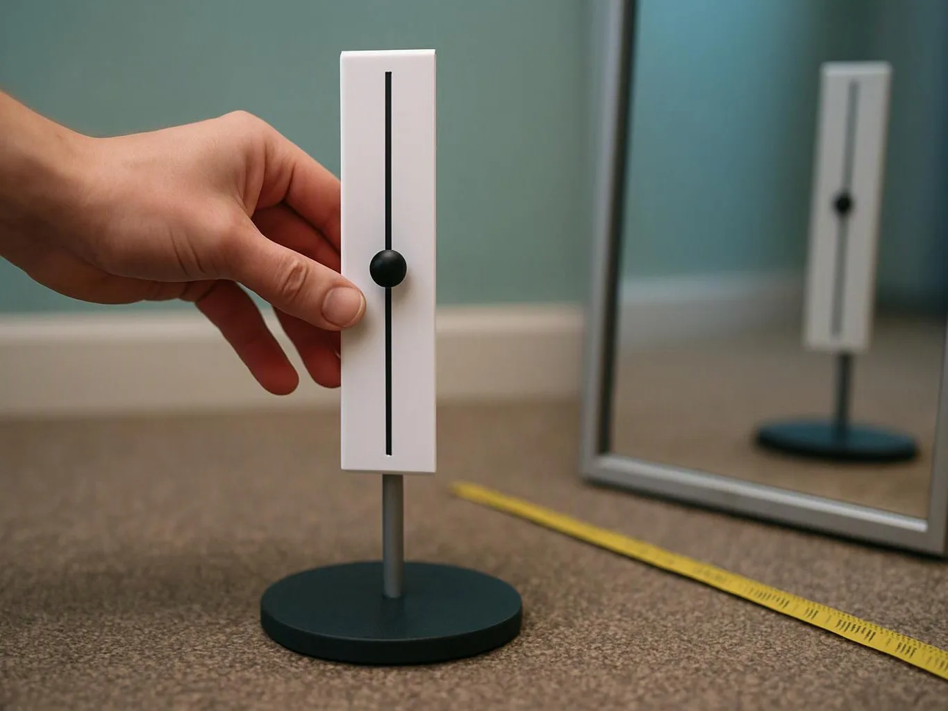 A hand adjusts a small measuring stand beside a mirror, with a yellow tape measure on the floor