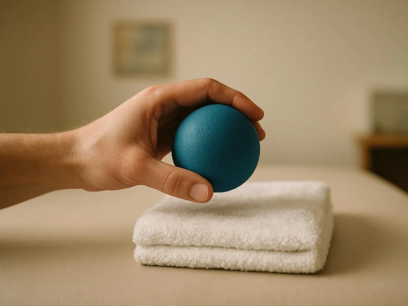 A hand holds a blue ball above folded white towels on a beige table