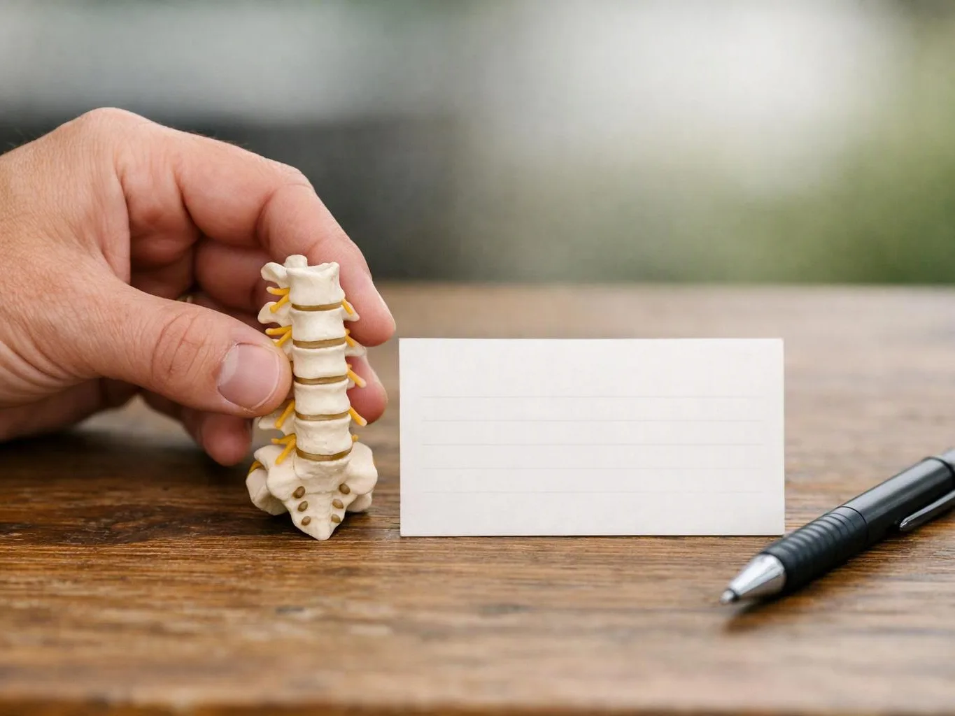 A hand holds a small spine model beside a blank card and pen on a wooden table