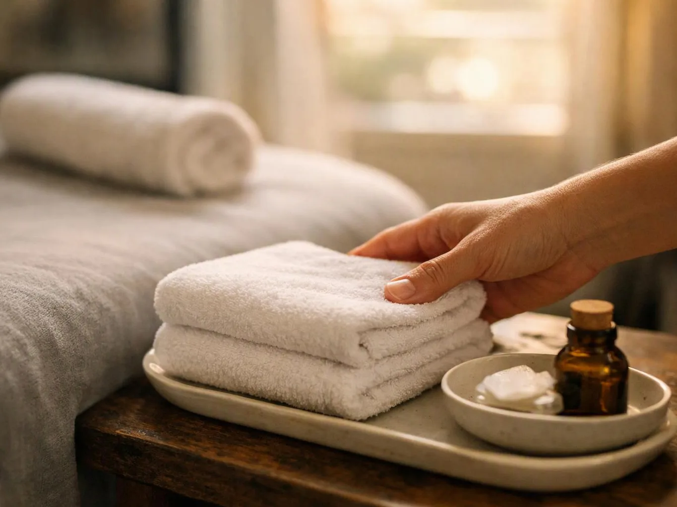 A hand places folded white towels beside a small bottle on a tray next to a massage table