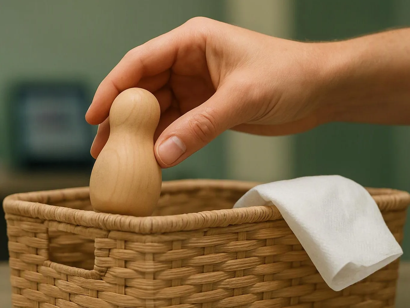 A hand places a small wooden figurine into a wicker basket with a white cloth draped over the edge