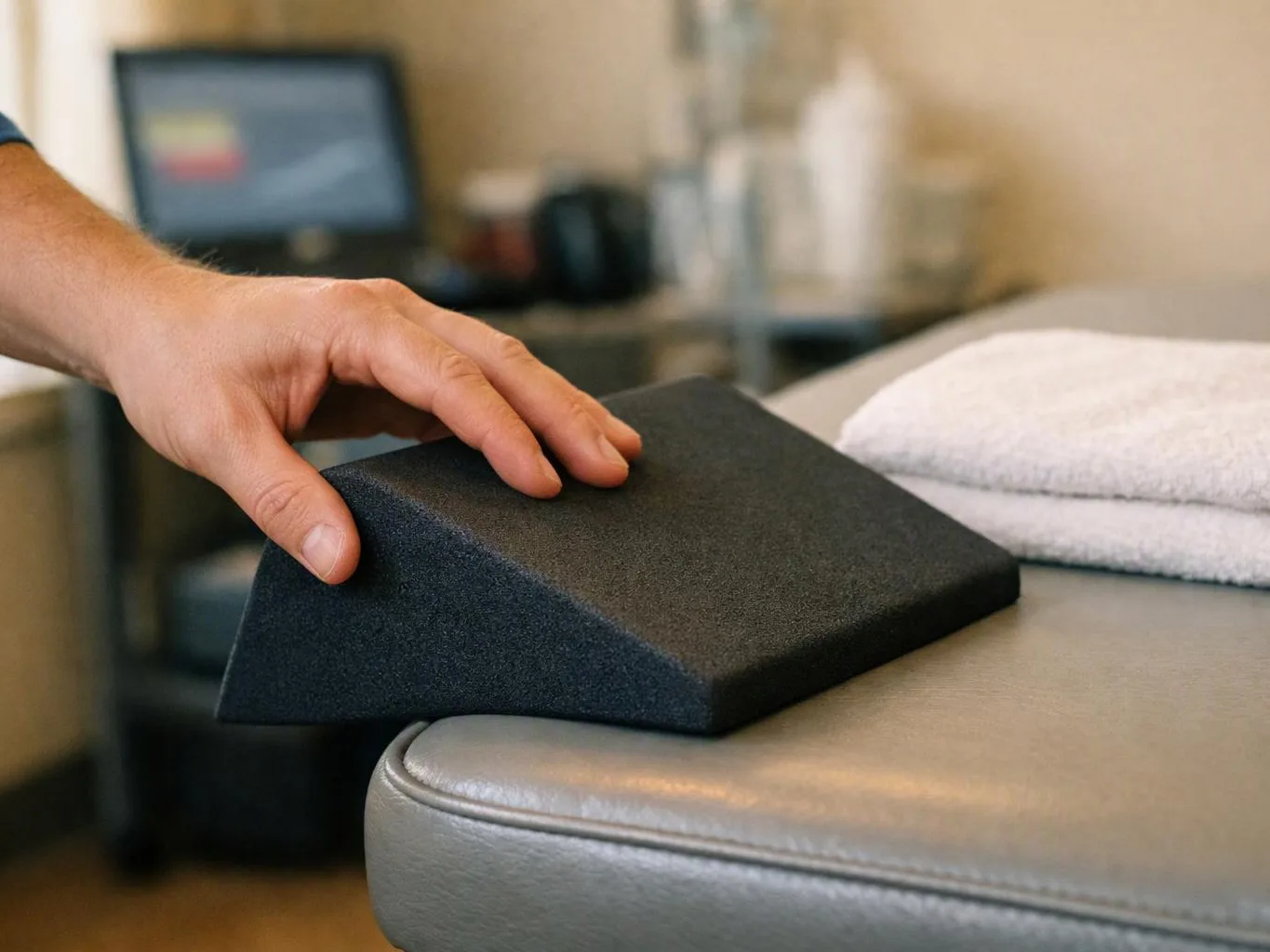 A hand presses a black foam wedge on a padded treatment table in a softly blurred room