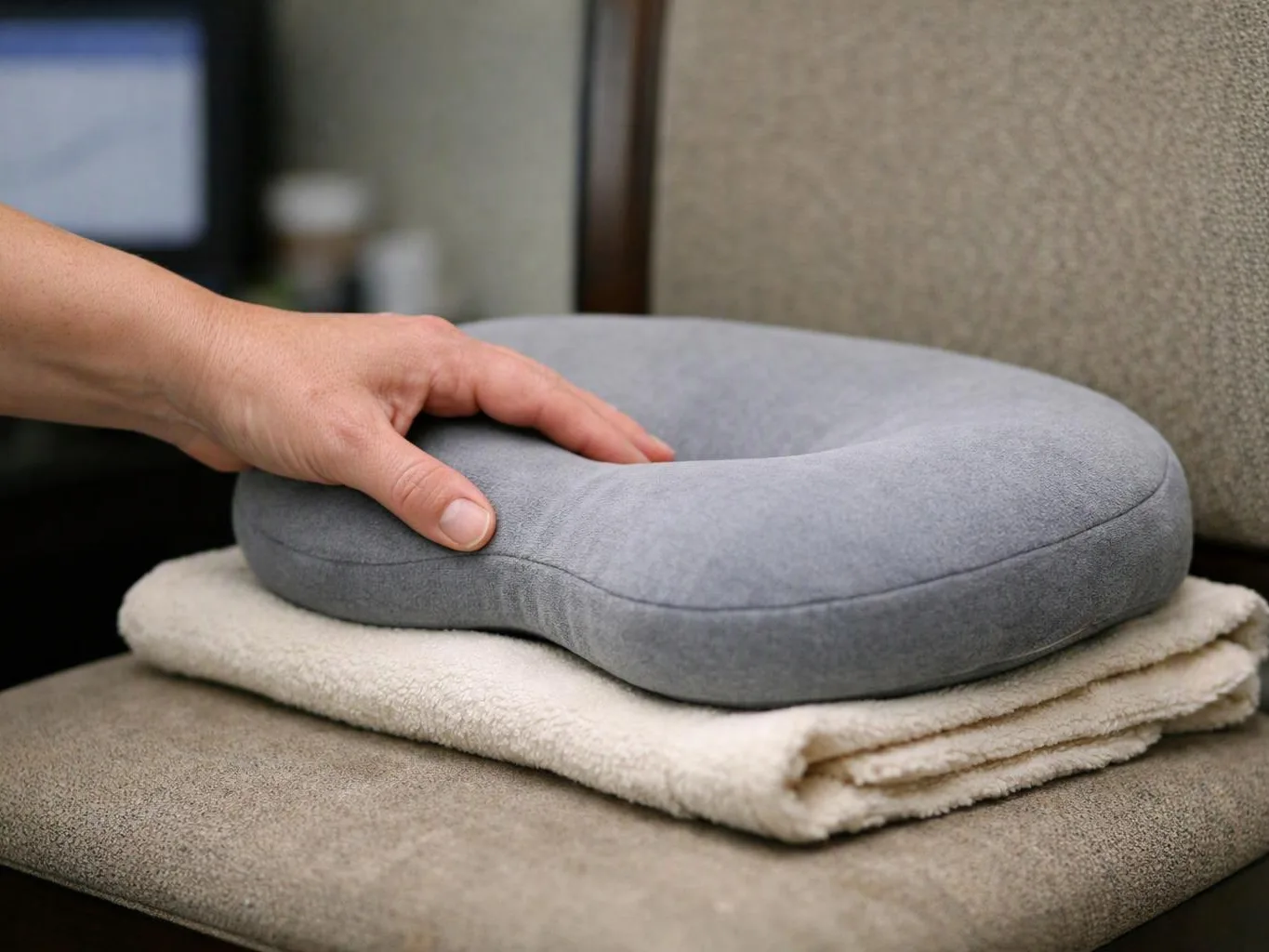 A hand presses a gray memory foam neck pillow resting on folded beige towels on a chair