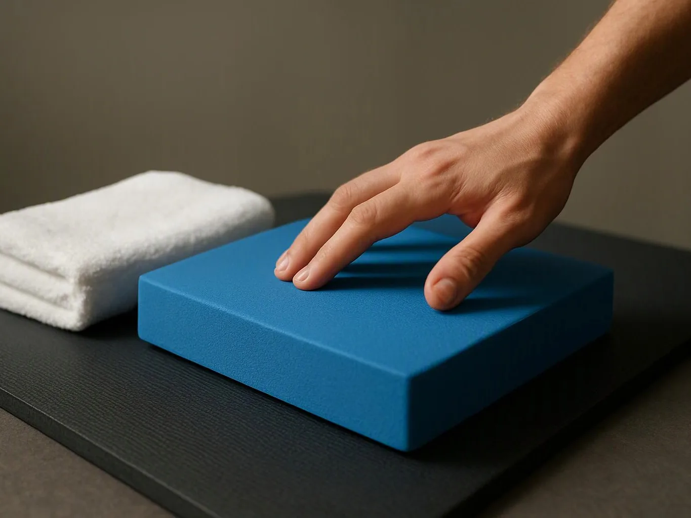 A hand rests on a blue foam block beside folded white towels on a black mat