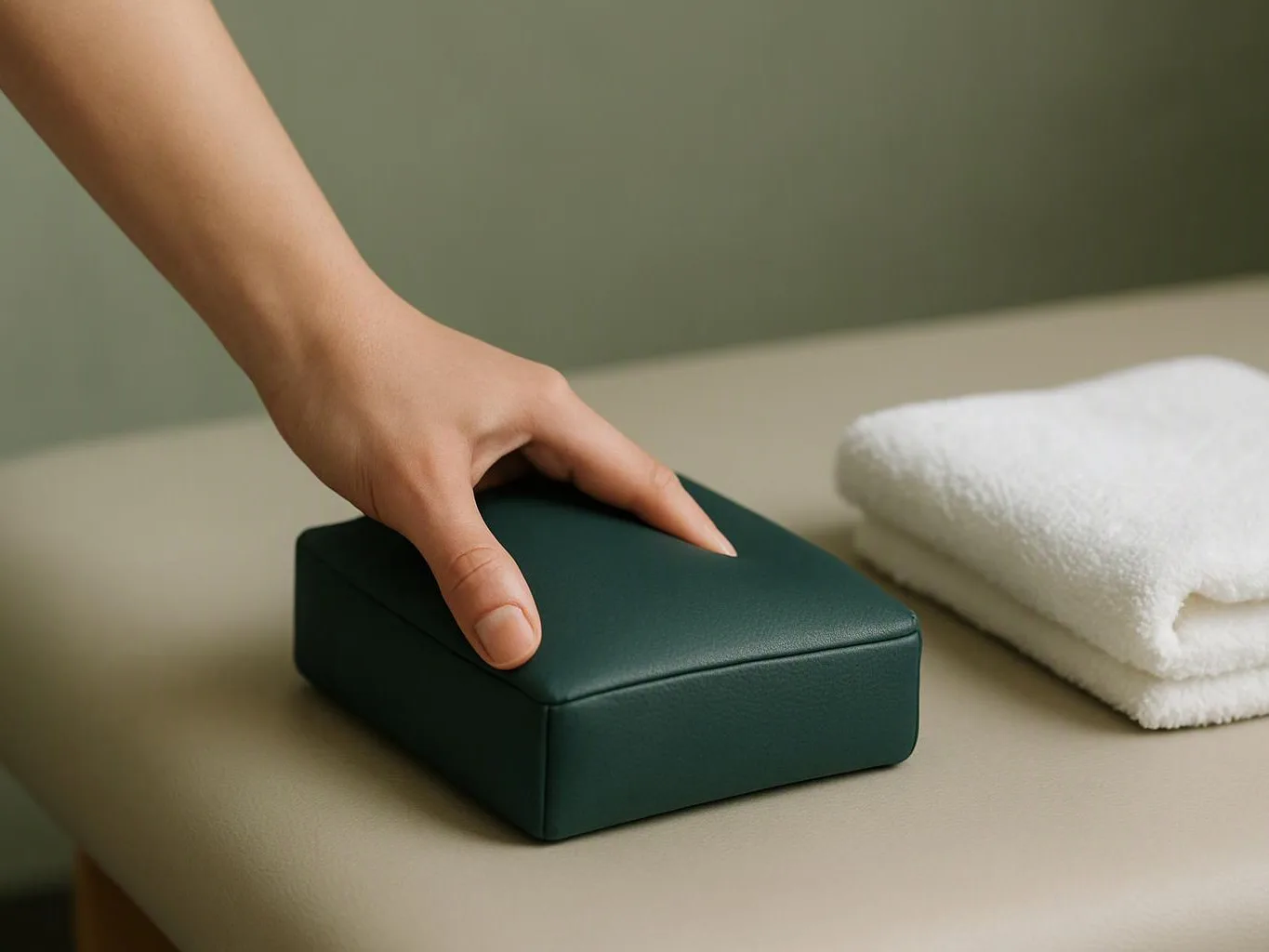 A hand rests on a dark green box beside a folded white towel on a beige surface