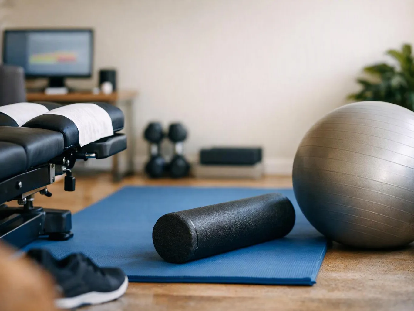 A home workout space shows a bench, exercise ball, foam roller, yoga mat, dumbbells, and a computer in the background
