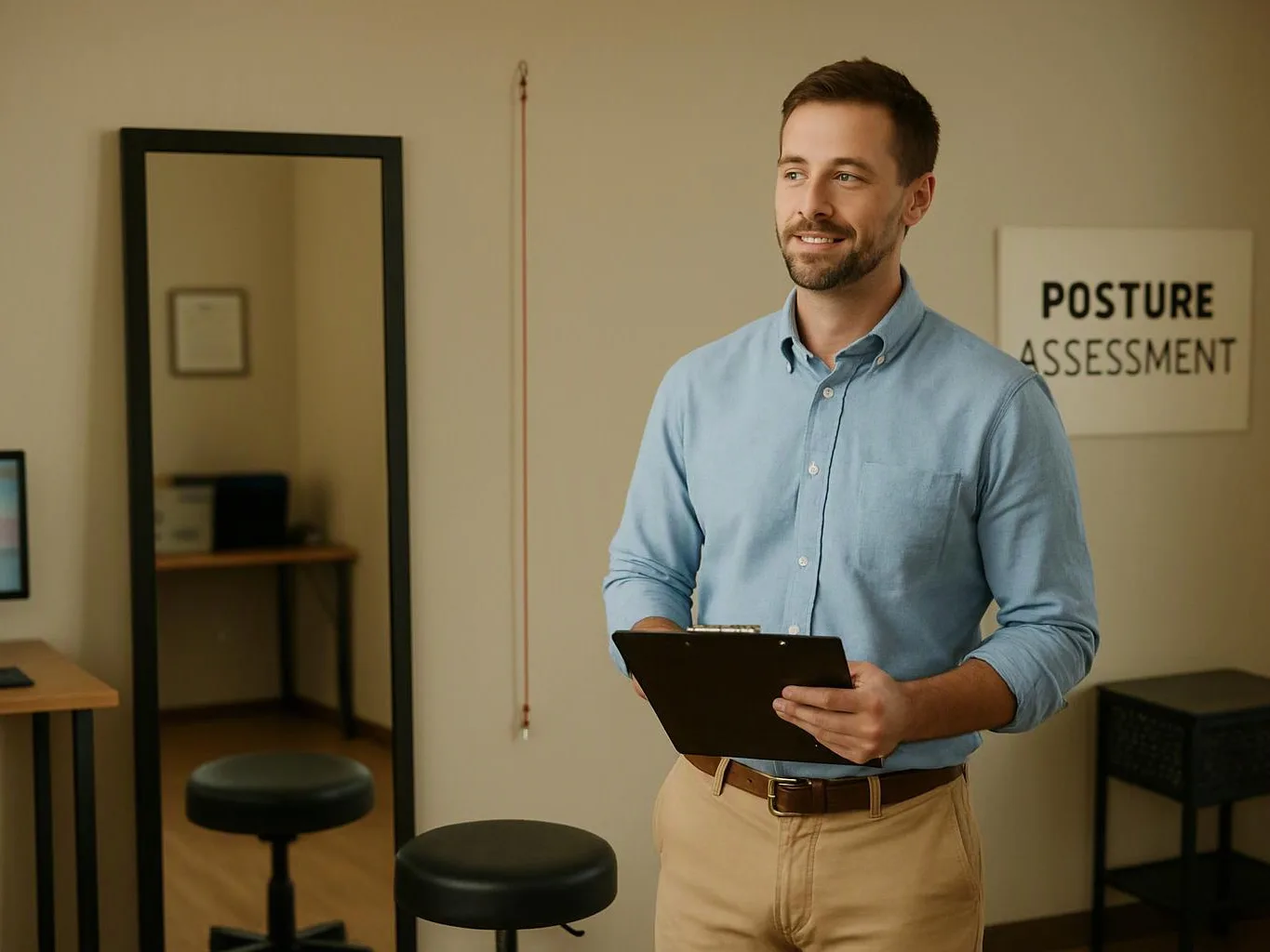A man in a blue shirt holds a clipboard in a posture assessment room