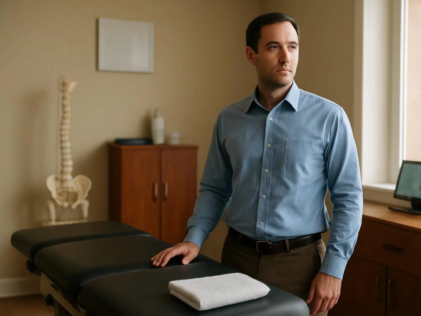 A man in a blue shirt stands beside a treatment table in a clinic room with a spine model and cabinet