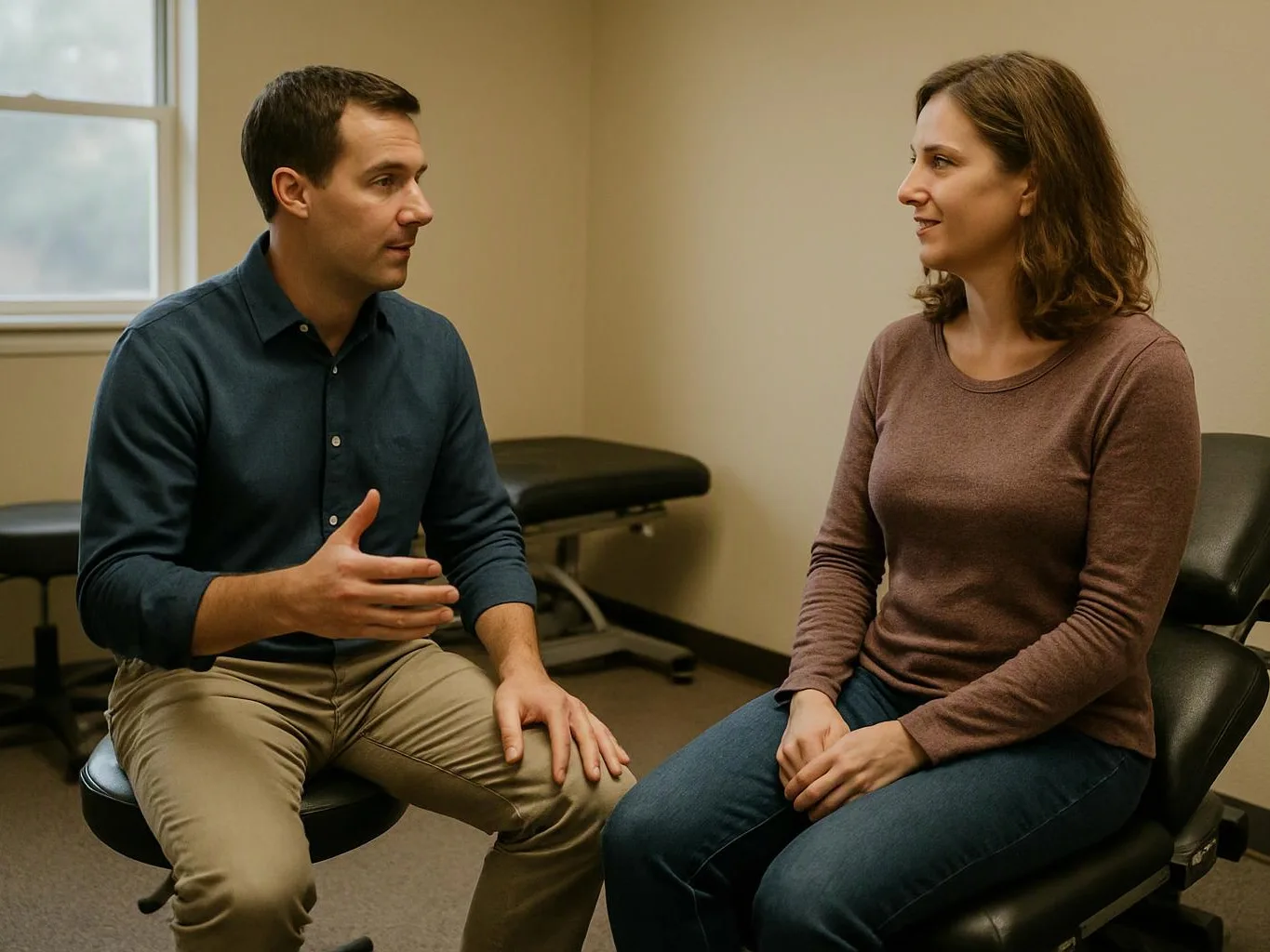 A man gestures while talking to a woman seated across from him in a small exam room