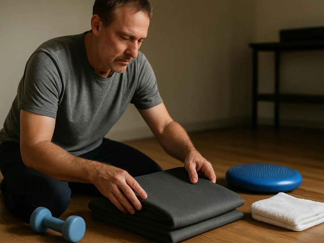 A man kneels on a wooden floor, folding gray exercise mats beside a blue balance cushion, dumbbell, and towels