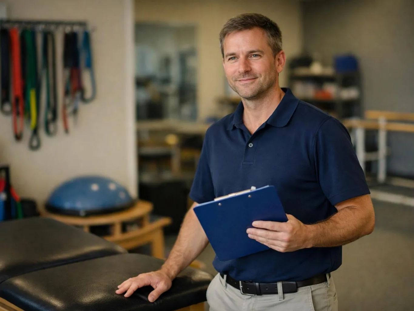 A man in a navy polo holds a blue clipboard beside a padded treatment table in a clinic room