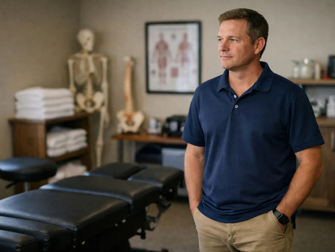 A man in a navy polo stands in a treatment room beside padded exam tables and a skeleton model