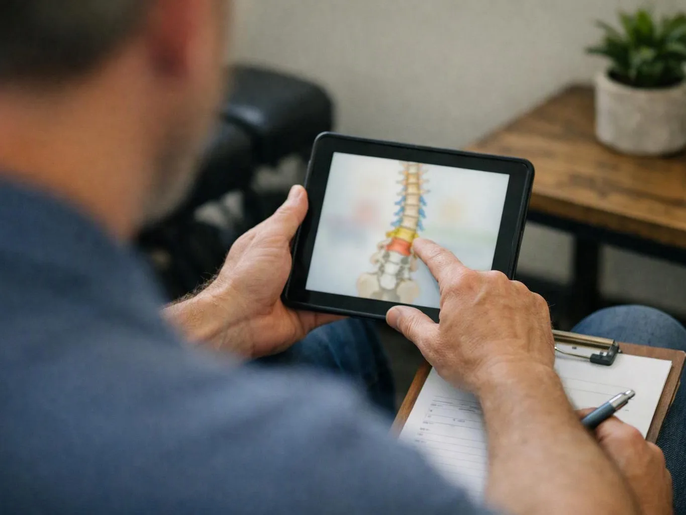A man points at a spine illustration on a tablet while holding a clipboard in a waiting room