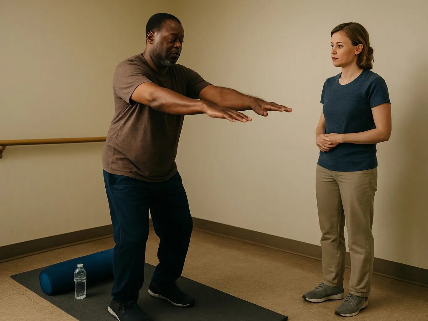 A man practices a standing exercise with arms extended while a woman watches in a plain room