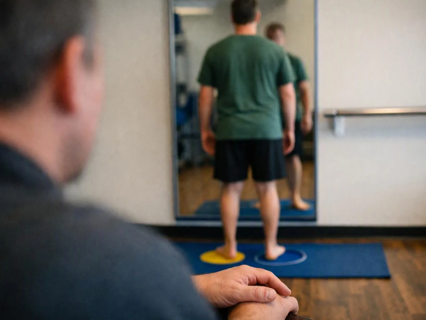 A man stands barefoot on colored circles before a mirror, with another person blurred in the foreground