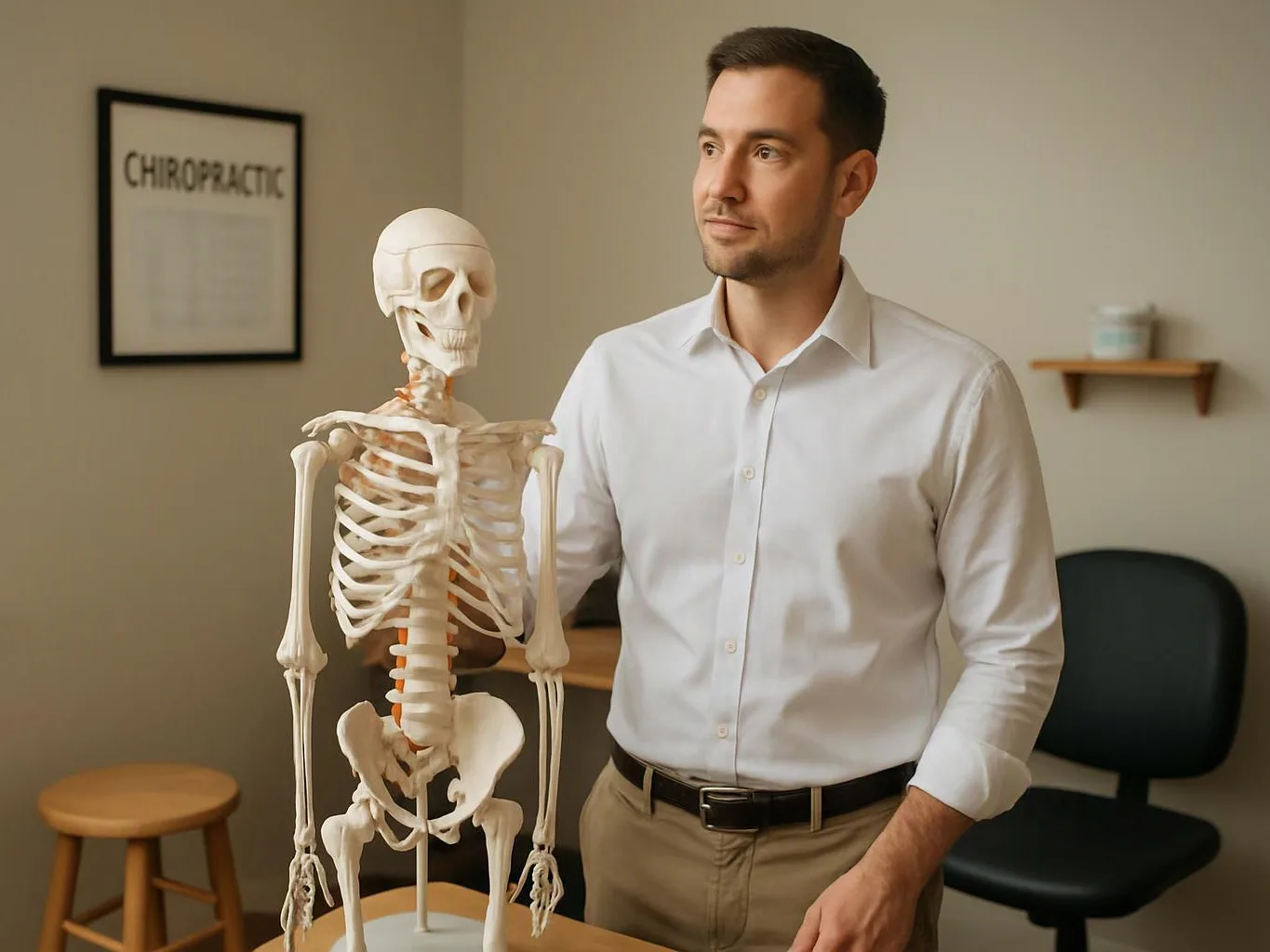 A man stands beside a skeleton model in a small office with a framed chiropractic sign on the wall