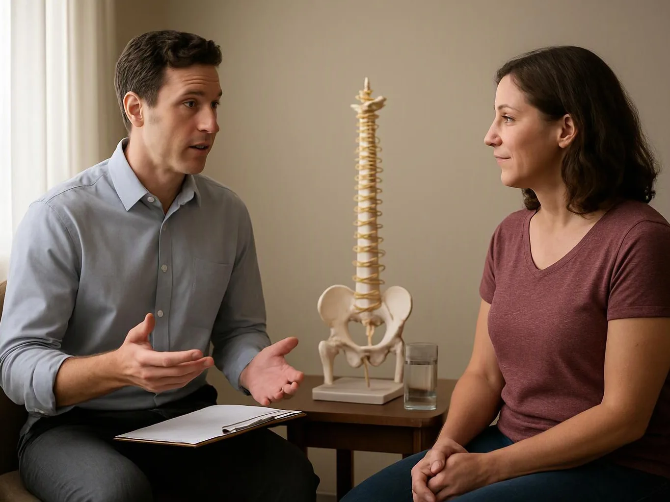 A man talks with a seated woman beside a spine and pelvis model in a quiet room