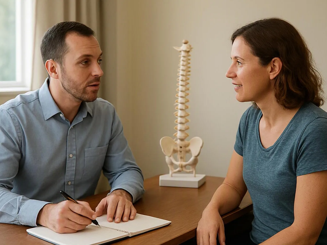 A man writes in a notebook while talking with a woman across a table, with a spine model behind them