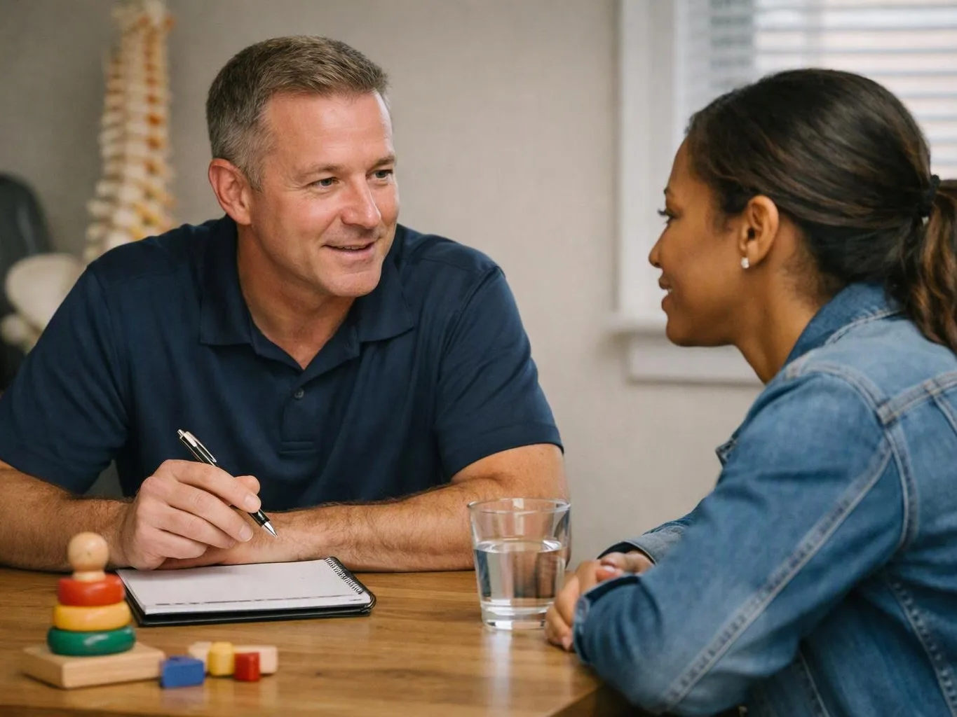 A man writes in a notebook while talking with a woman across a wooden table in a bright room