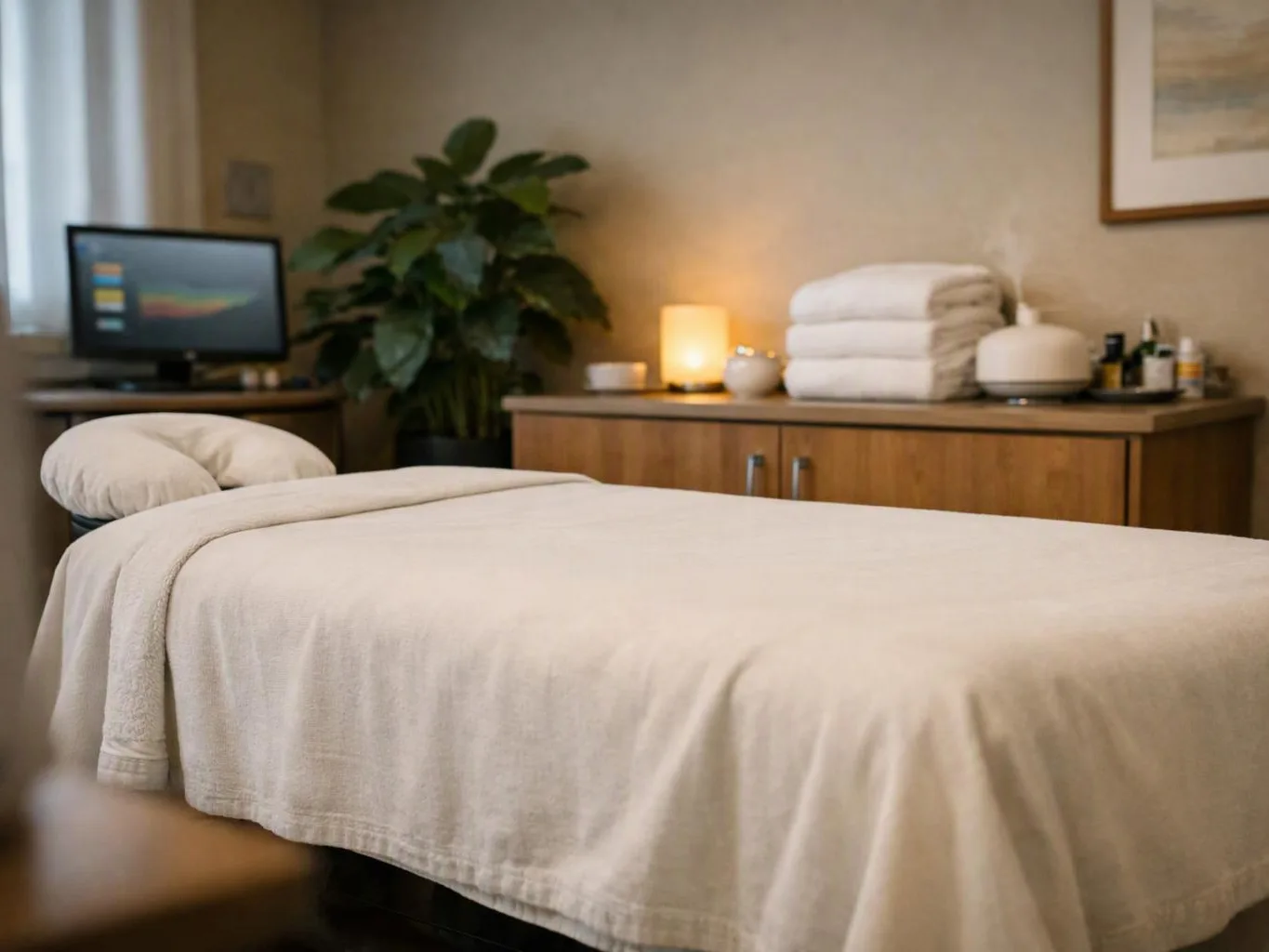 A neatly made massage table sits in a calm treatment room with folded towels and a glowing lamp