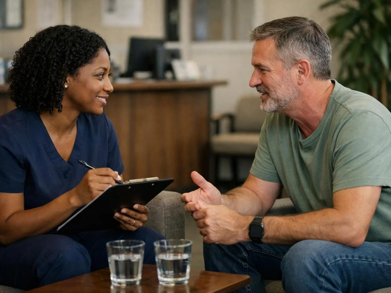 A nurse in scrubs smiles and takes notes while talking with a seated man in a waiting room