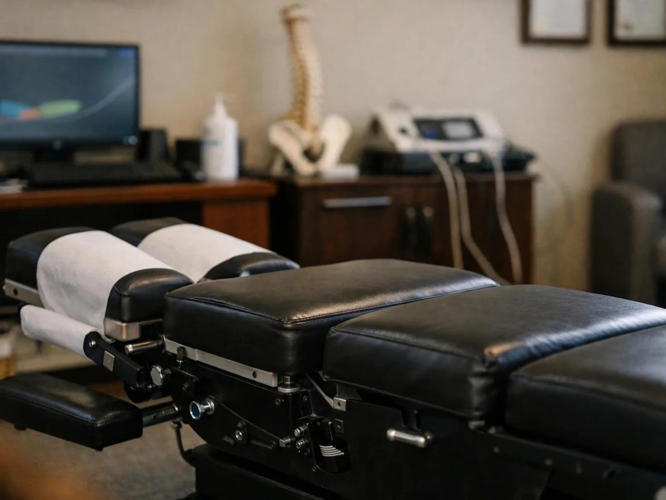 A padded chiropractic table sits in a treatment room, with a spine model and medical equipment behind it