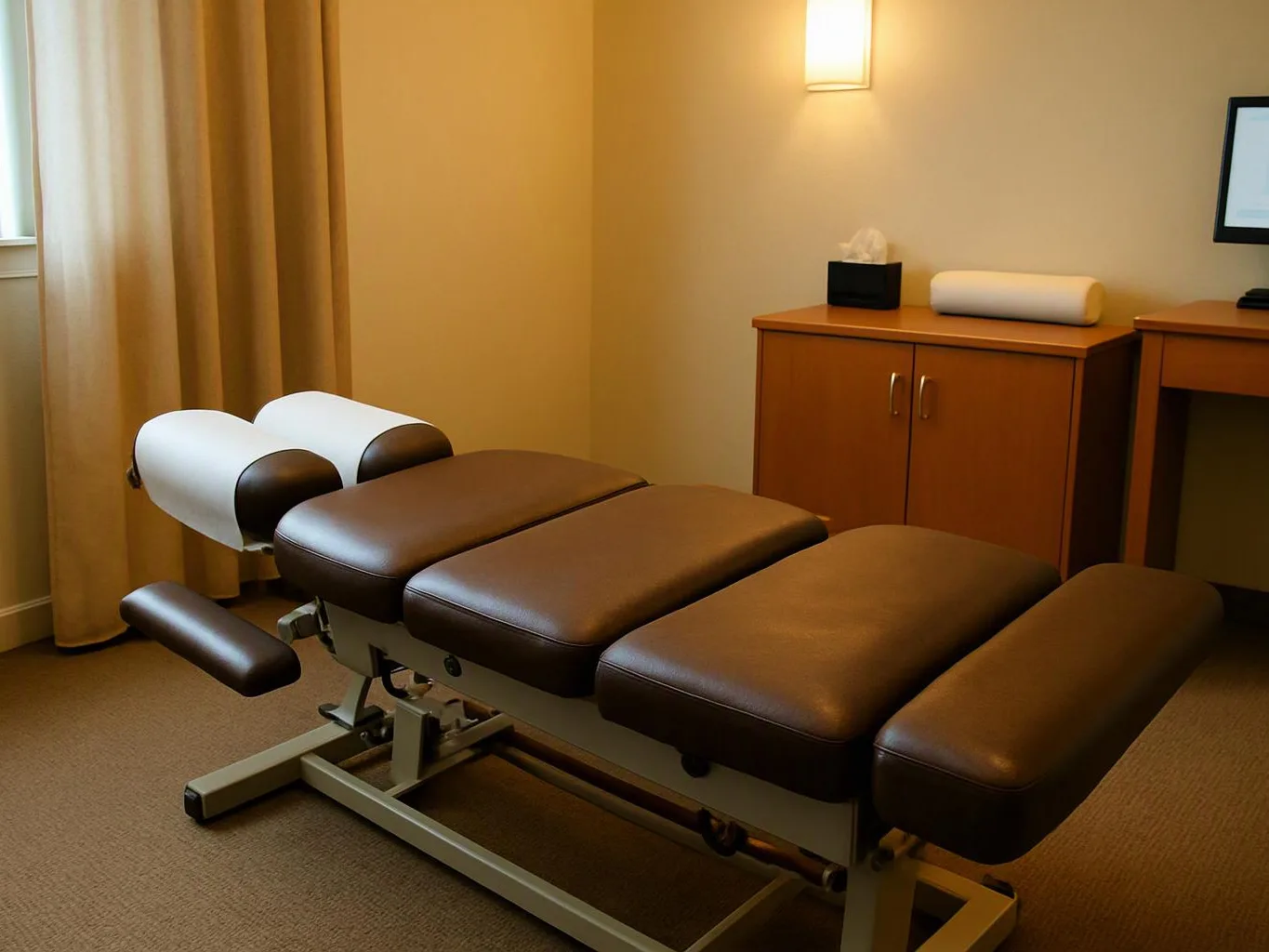A padded treatment table with leg supports sits in a softly lit exam room beside cabinets and curtains