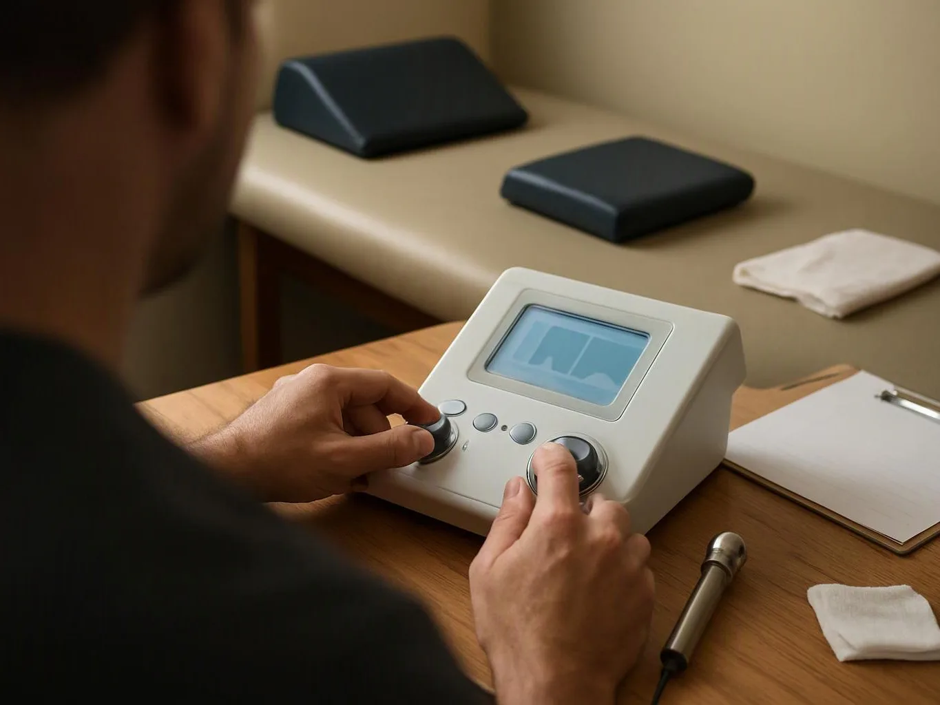 A person adjusts a therapy device with two knobs on a desk in a quiet treatment room