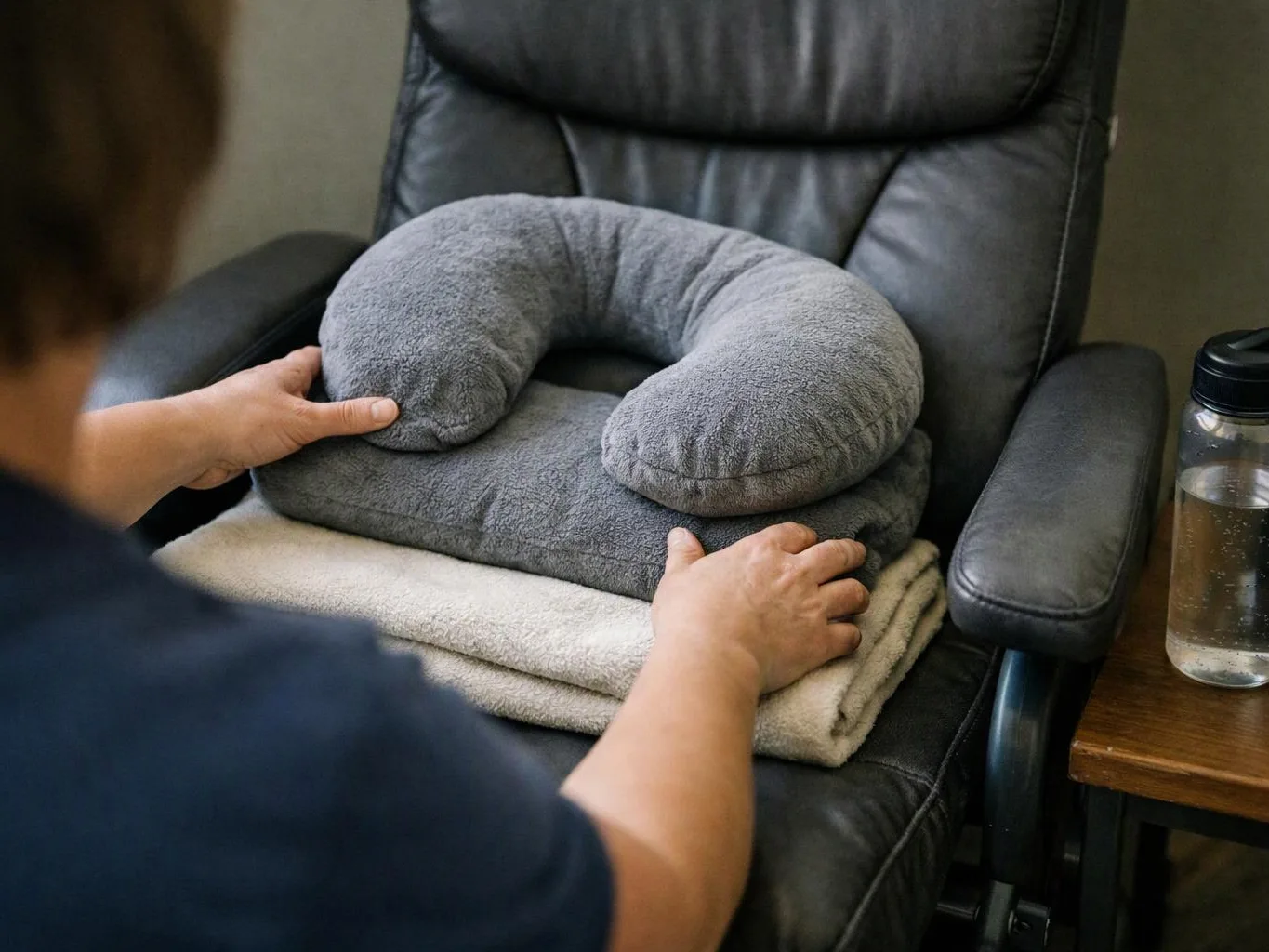 A person arranges folded towels and a neck pillow on a black leather chair next to a water bottle
