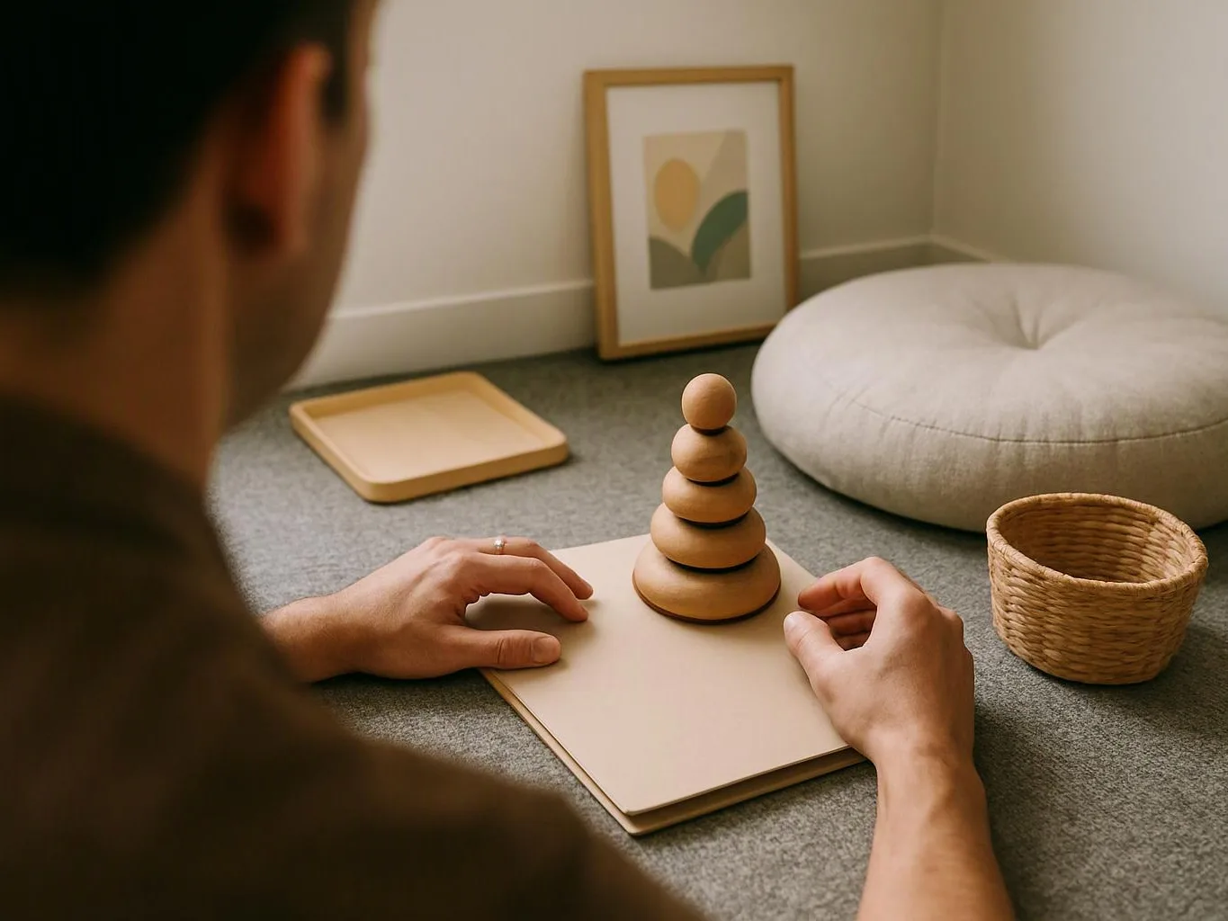 A person arranges wooden stacking rings on a mat beside a cushion and woven basket in a calm room