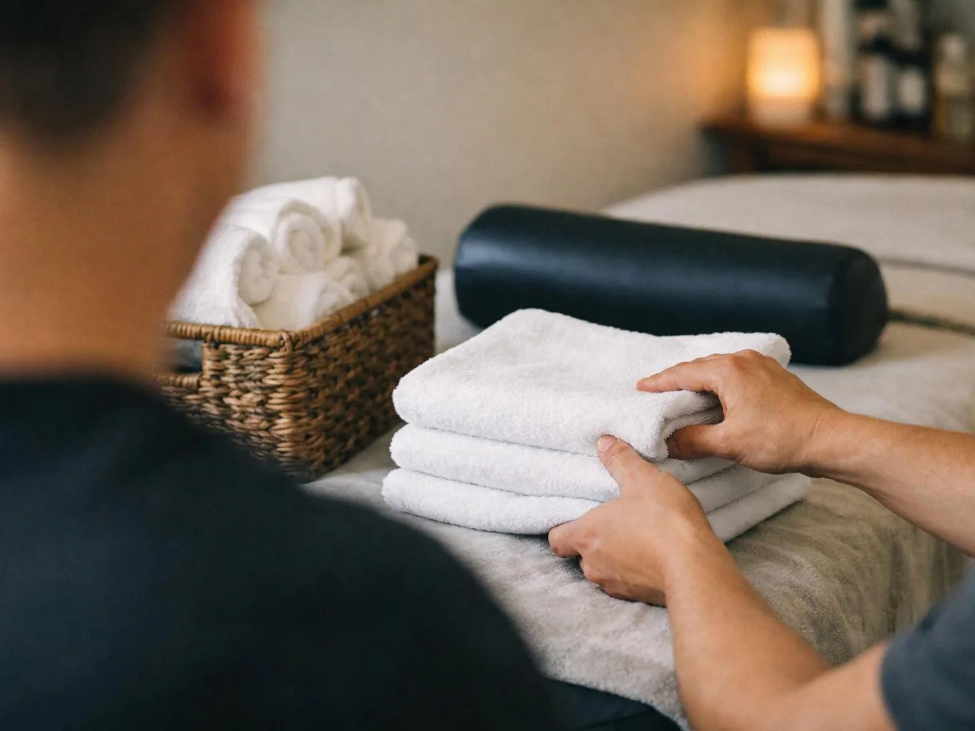 A person folds white towels beside a wicker basket and massage cushion in a spa room