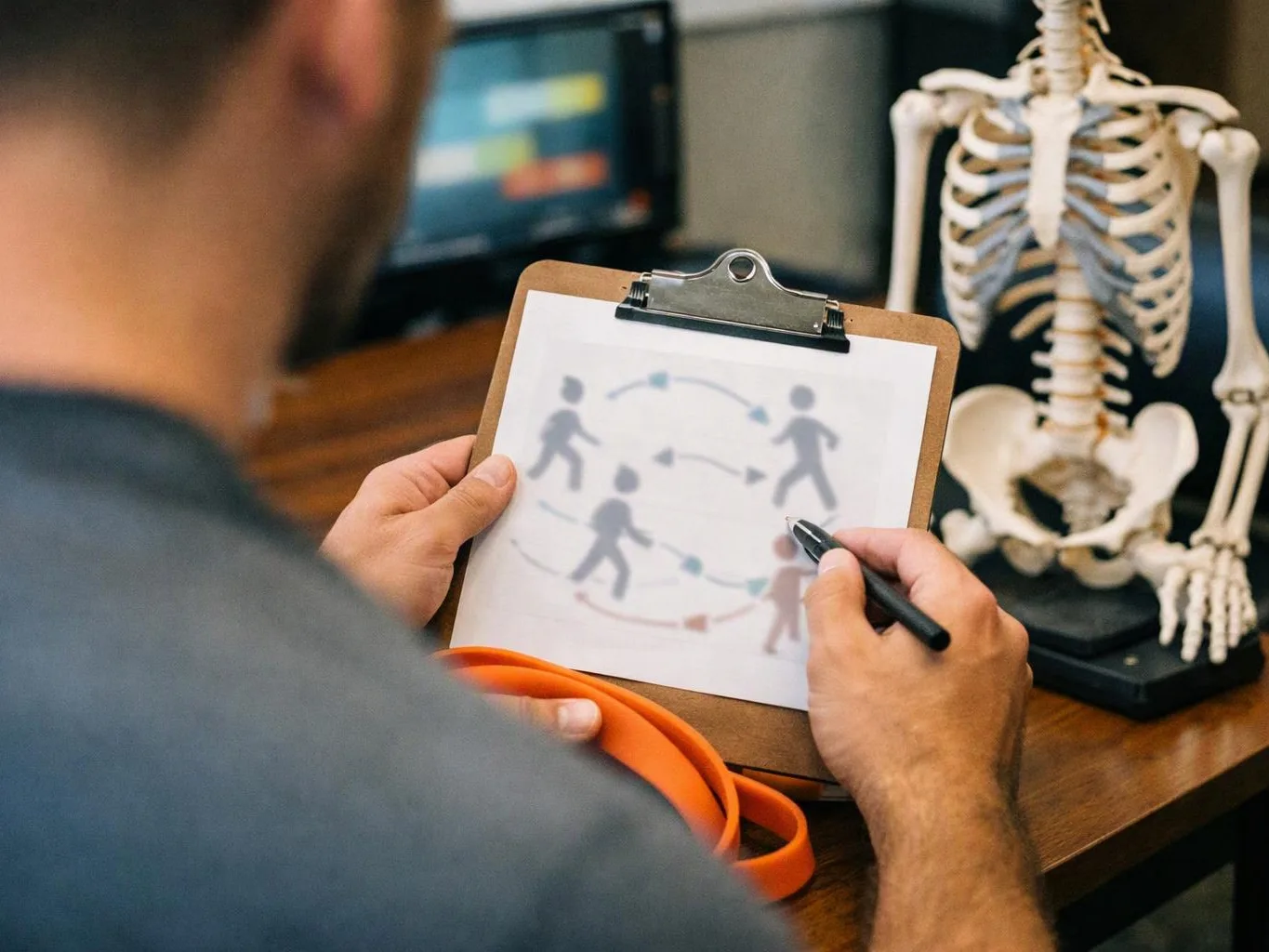 A person marks a clipboard diagram beside a skeleton model at a desk