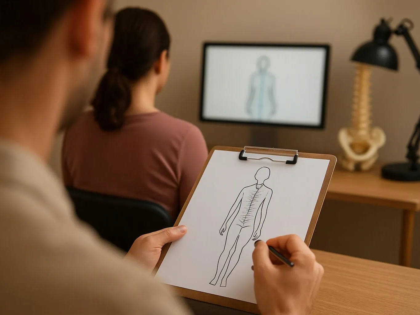 A person sketches a body outline on a clipboard while someone sits facing a screen in a therapy room