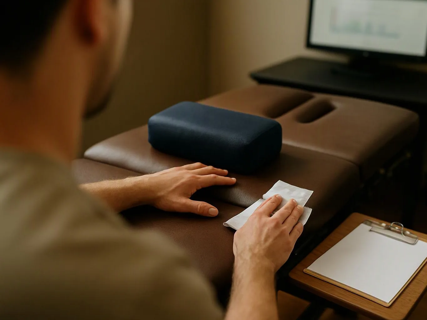 A person wipes a padded massage table beside a clipboard and a dark cushion in a quiet room