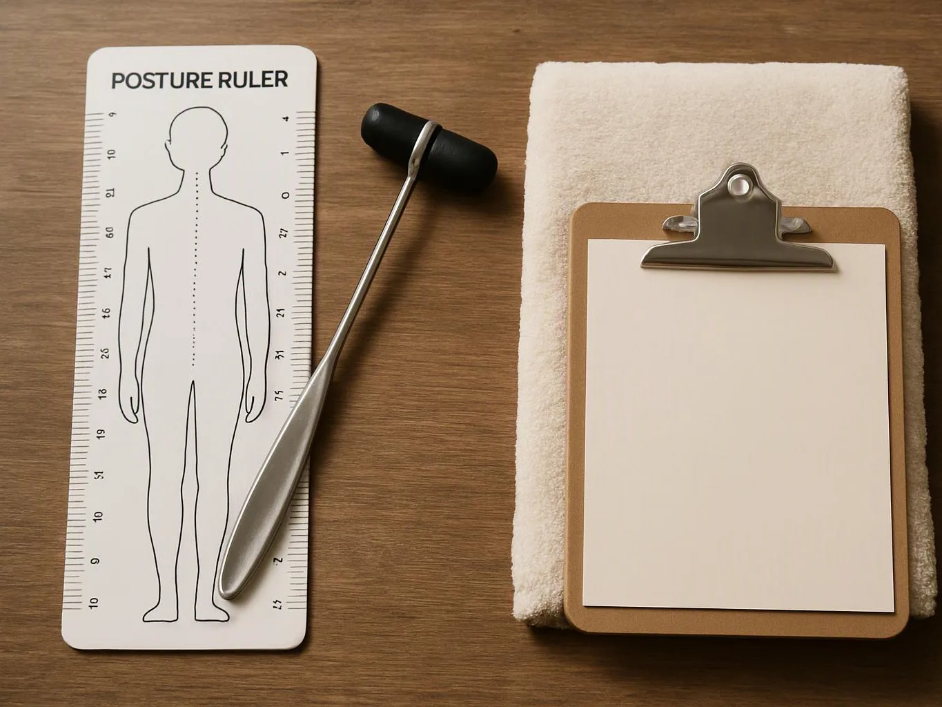 A posture ruler, reflex hammer, and clipboard rest on a wooden table