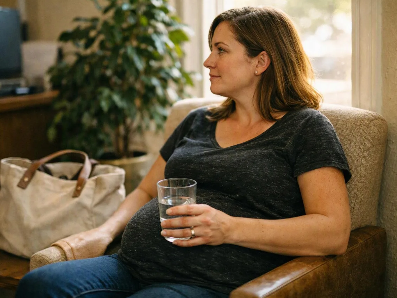 Pregnant woman sits in an armchair holding a glass of water in a sunlit living room