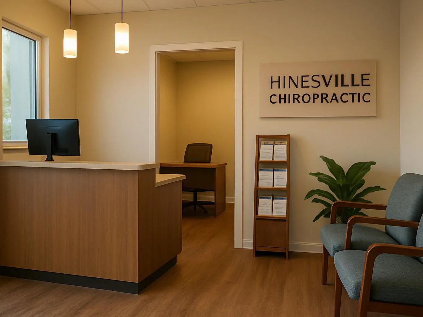 A quiet chiropractic office reception area with a desk, chairs, plant, and wall sign