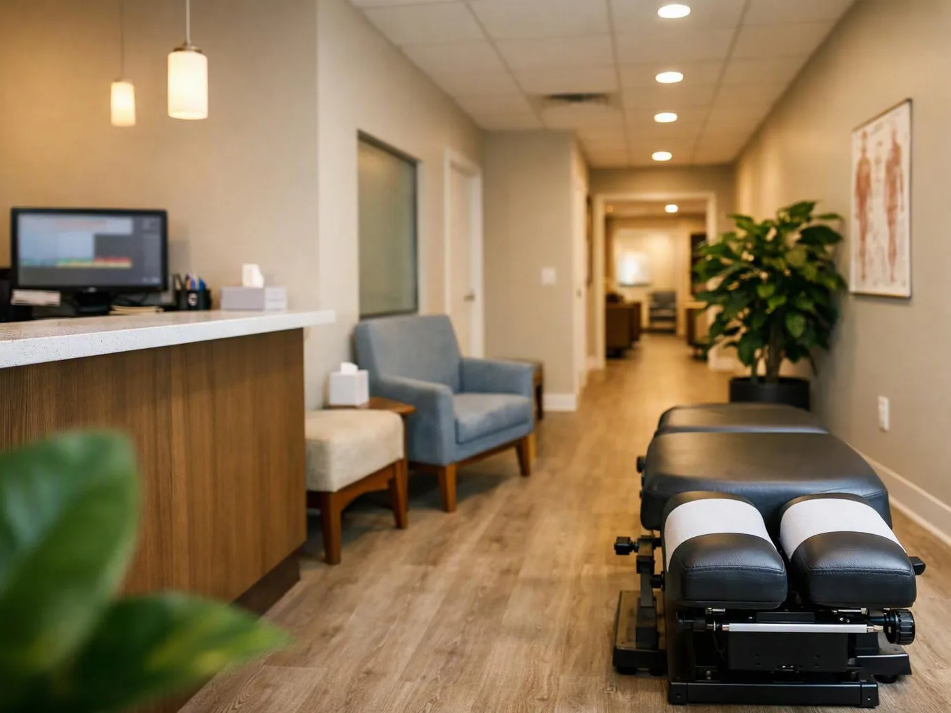 A quiet clinic hallway shows a reception desk, waiting chairs, a treatment table, and a plant