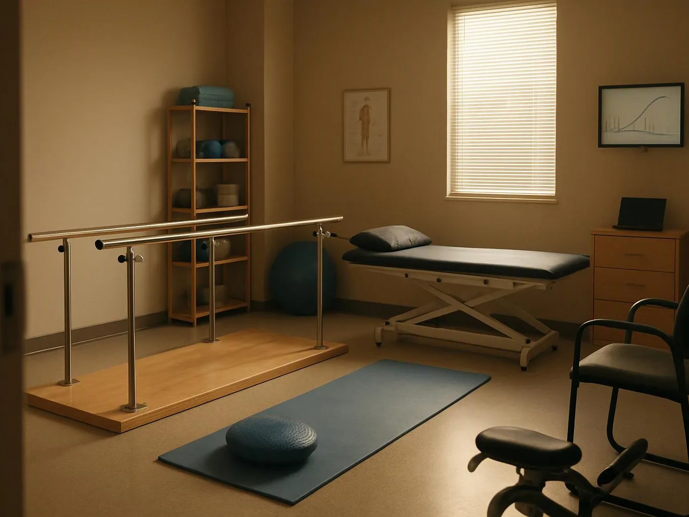 A quiet physical therapy room holds parallel bars, a treatment table, exercise mats, and a window with blinds