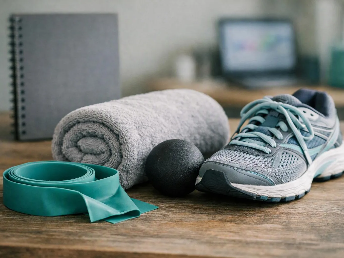 A rolled towel, exercise band, massage ball, and running shoe sit on a wooden table with a blurred laptop behind them