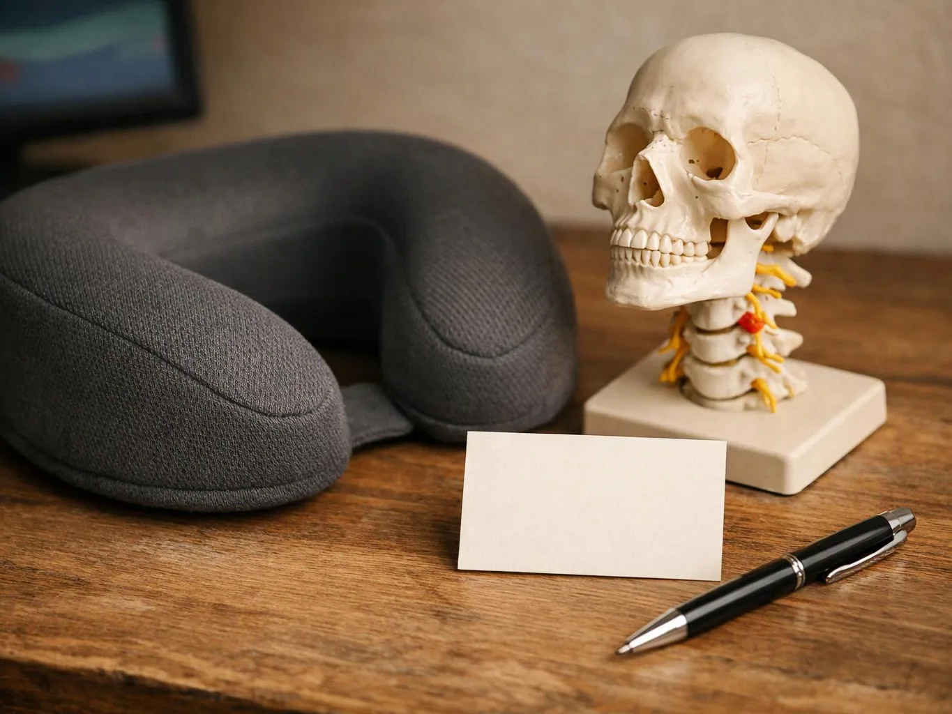 A skull model sits beside a neck pillow, blank card, and pen on a wooden table